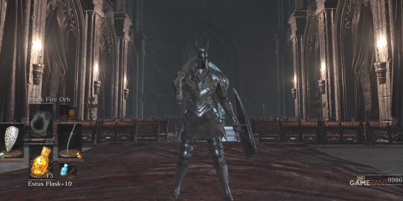 Dark Souls 3 character wearing the Silver Knight set in pontiff Sulivans room