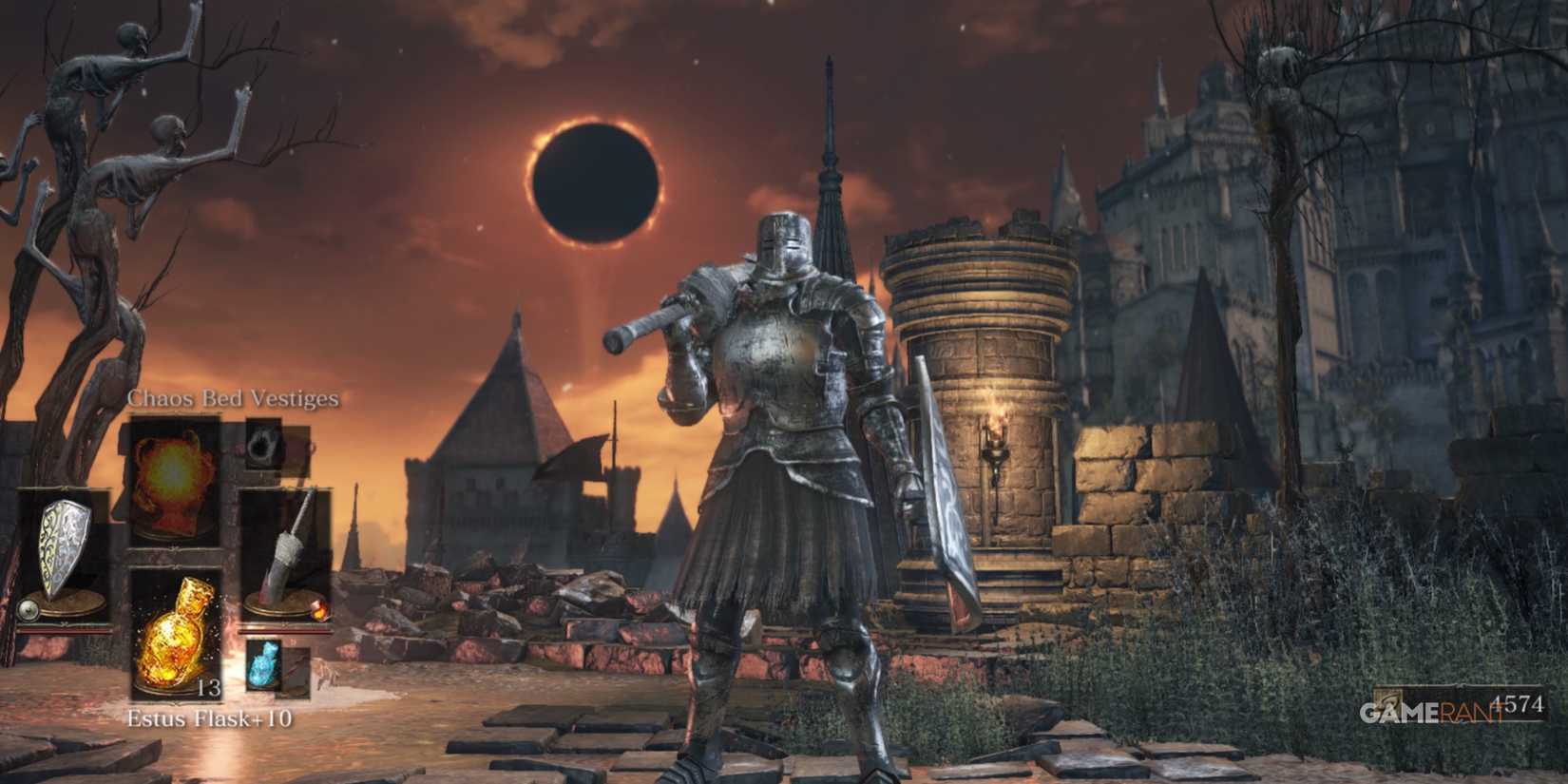 Dark Souls 3 character wearing the black iron armor with the Dark Sign behind