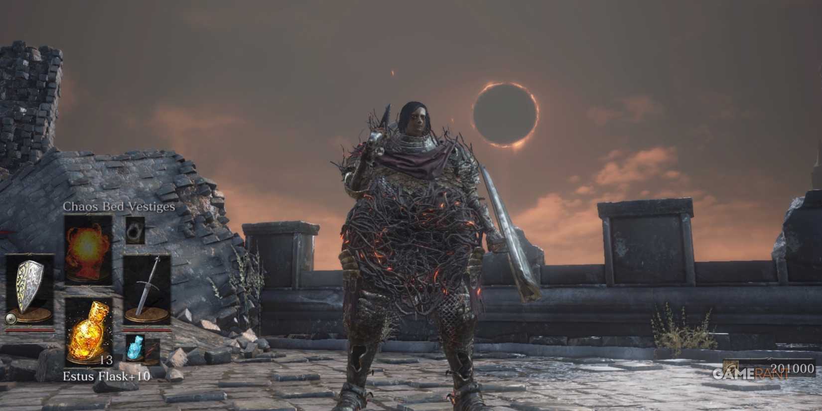 Dark Souls 3 character wearing the Harold Armor with the Dark sign behind
