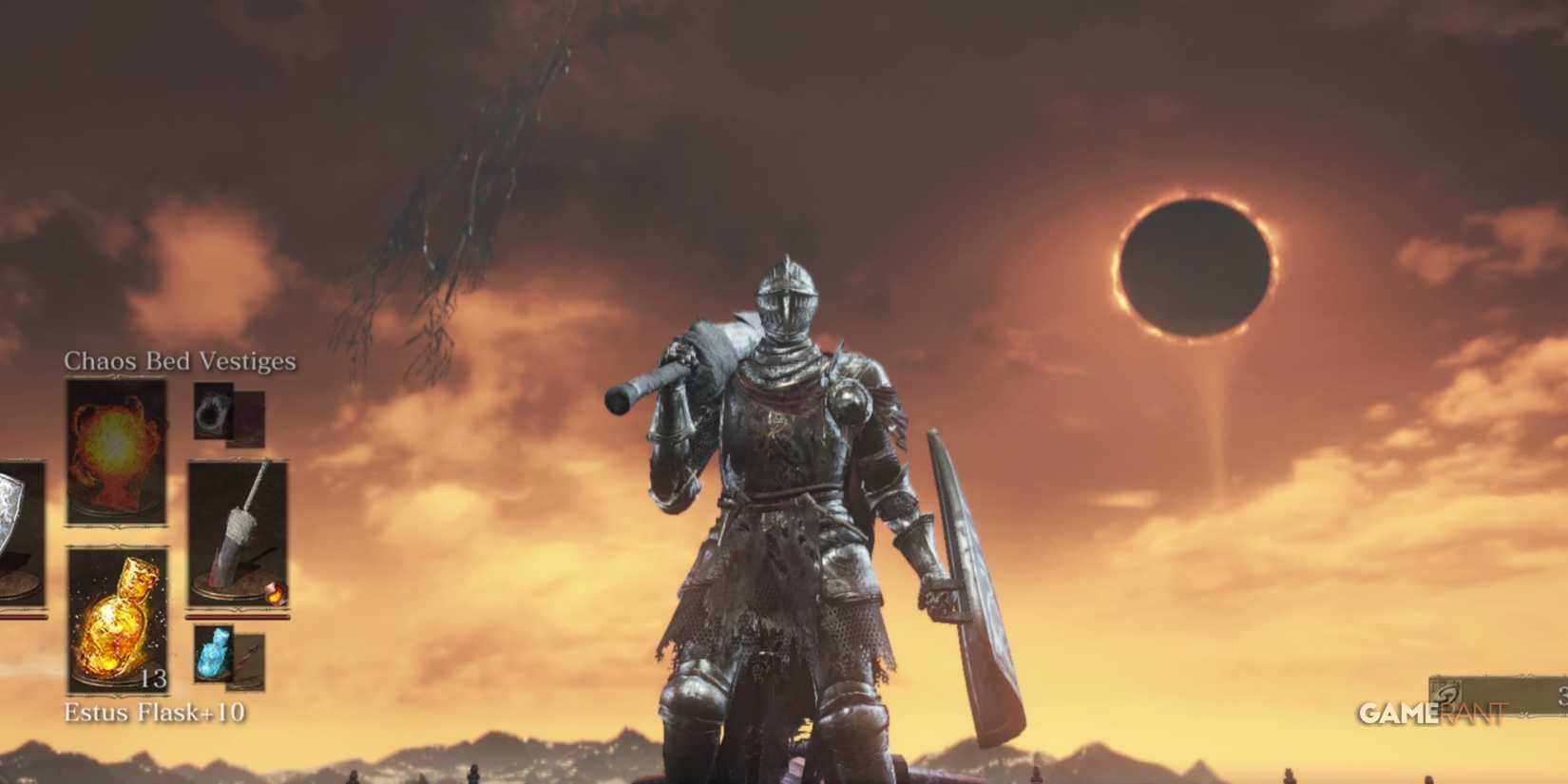 Dark Souls 3 character wearing the Lothric Knight armor set with the dark sign behind