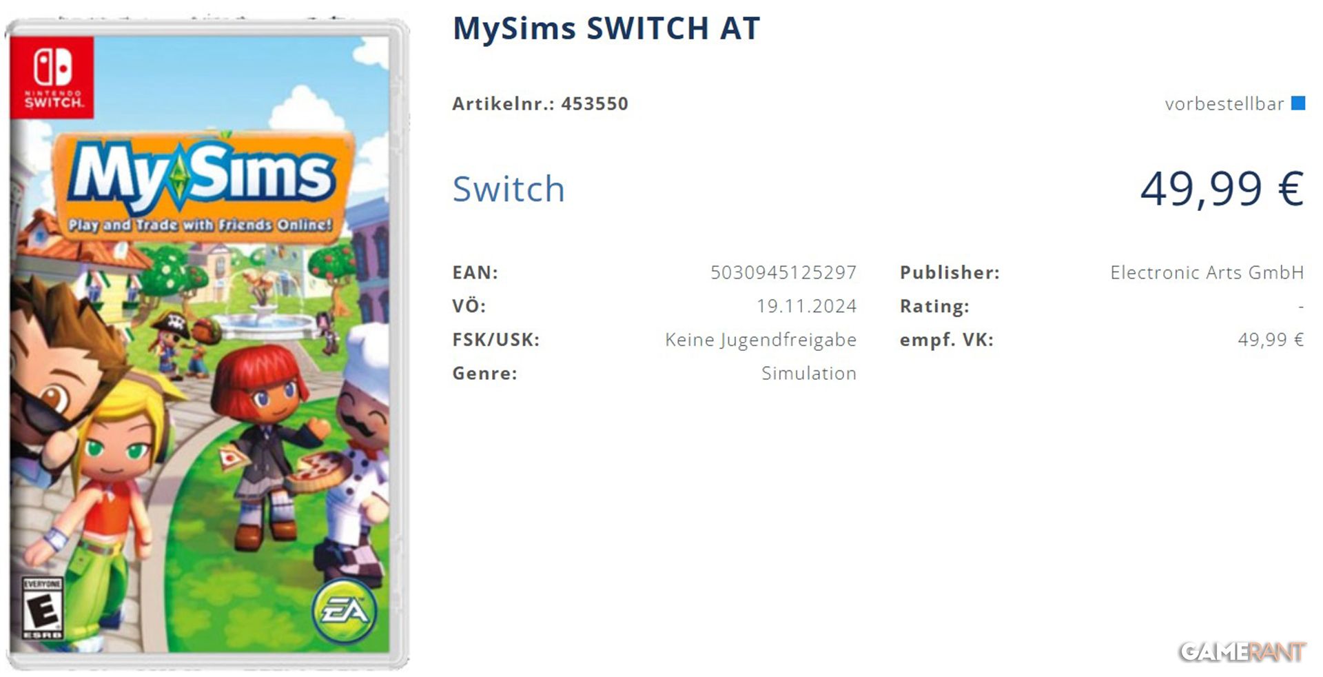 MySims Nintendo Switch Retailer List