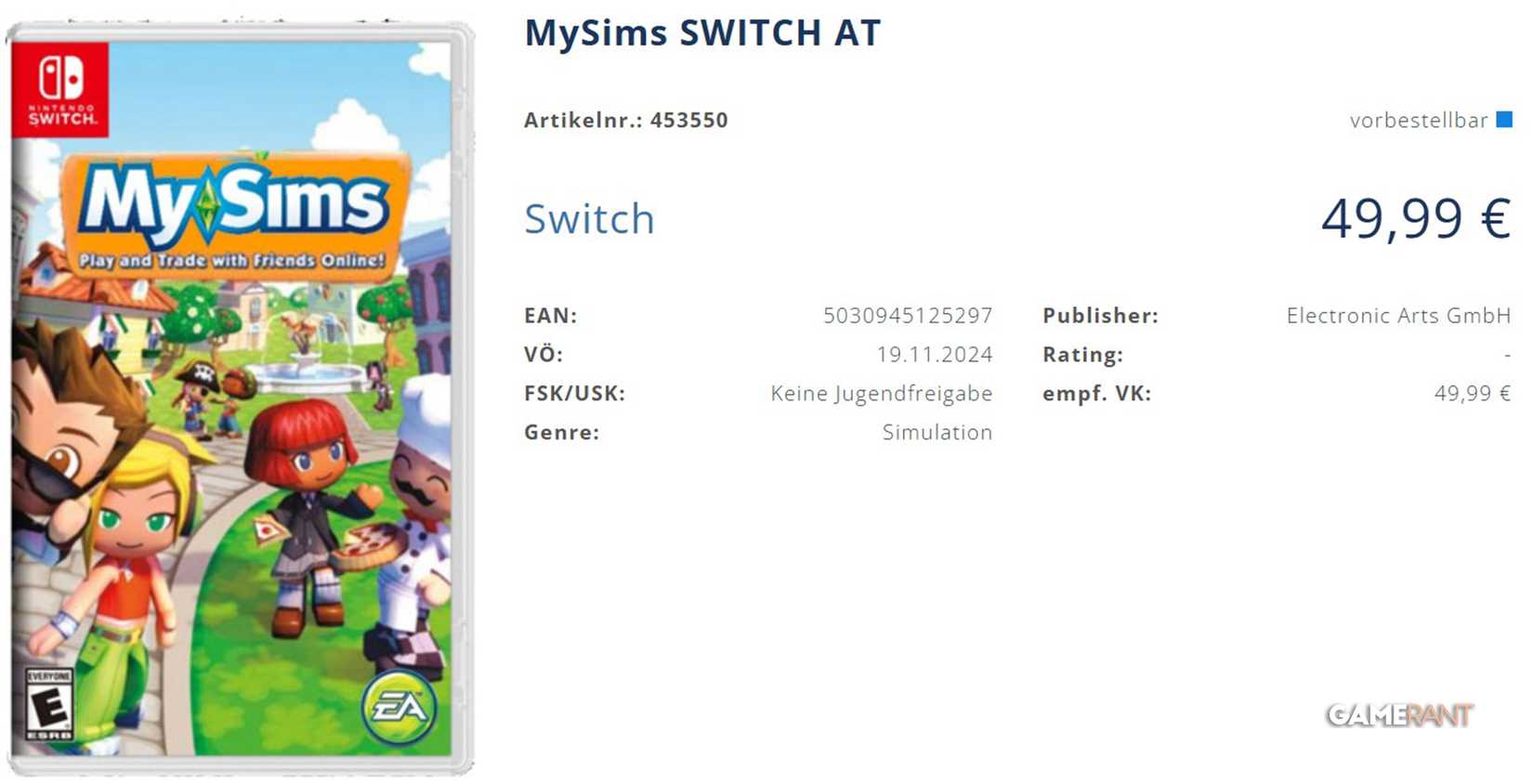 MySims Nintendo Switch retailer listing