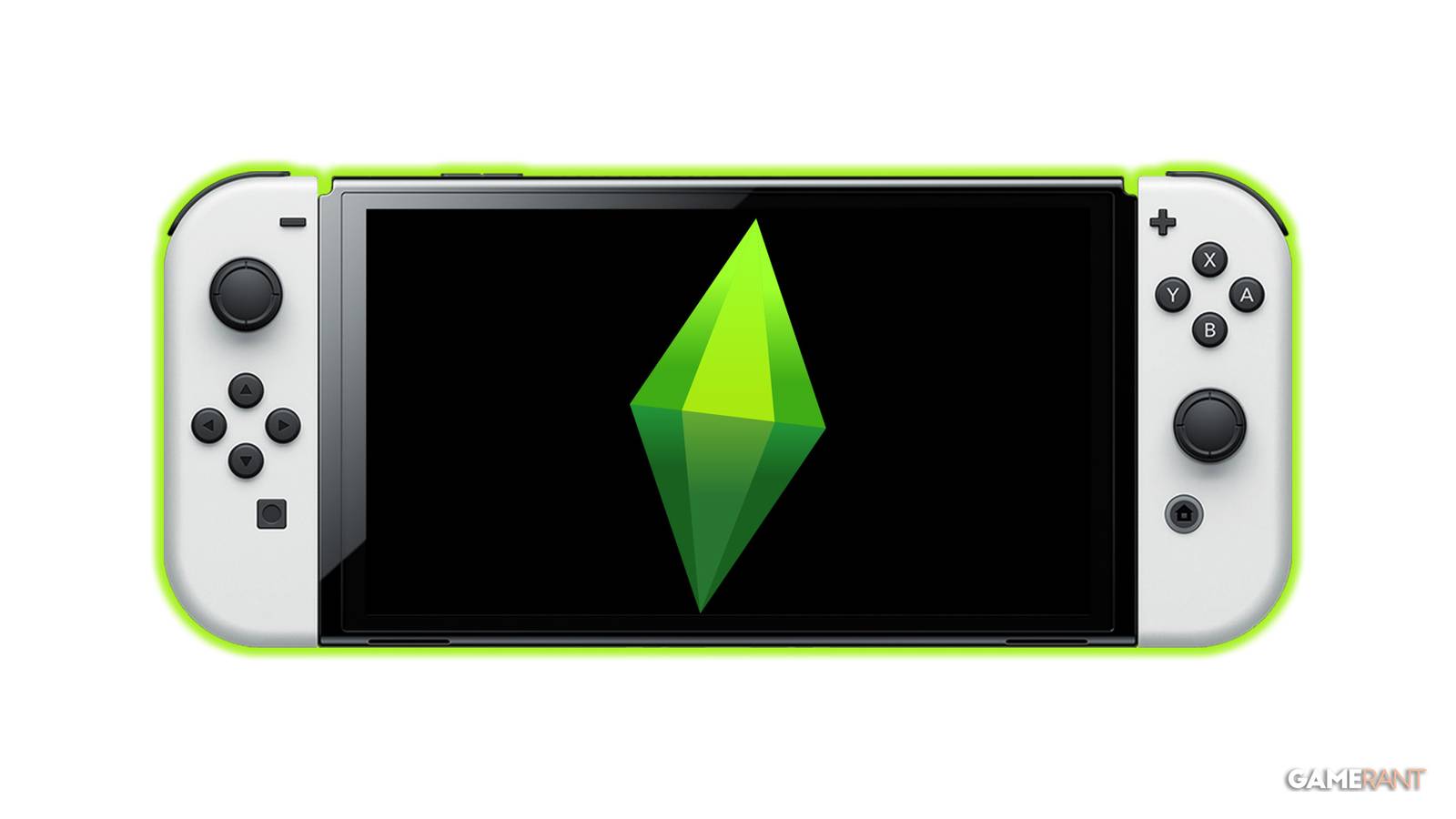 Nintendo Switch white OLED Model with lime-colored outer glow displaying The Sims Plumbob diamond
