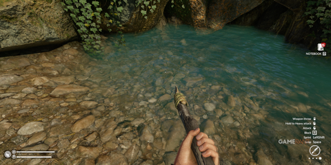 Observing a clear stream with rocky edges while holding a handcrafted spear in Green Hell