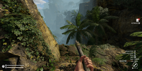 Overlooking a steep cliff surrounded by lush green plants with a spear in hand in Green Hell