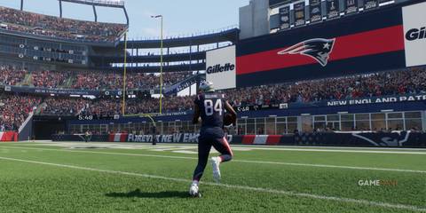 Patriots WR Bourne sprinting down the sideline after a big catch in Madden NFL 25