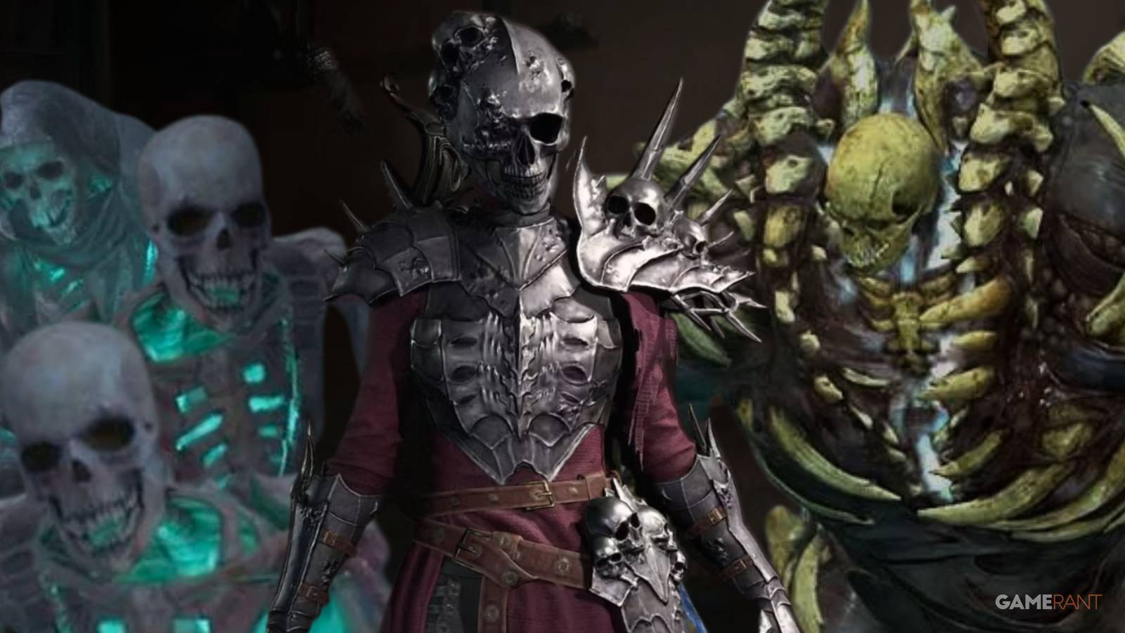 a  necromancer in full armor leading  a bone golem, two skeleton warriors, and a skeletal mage