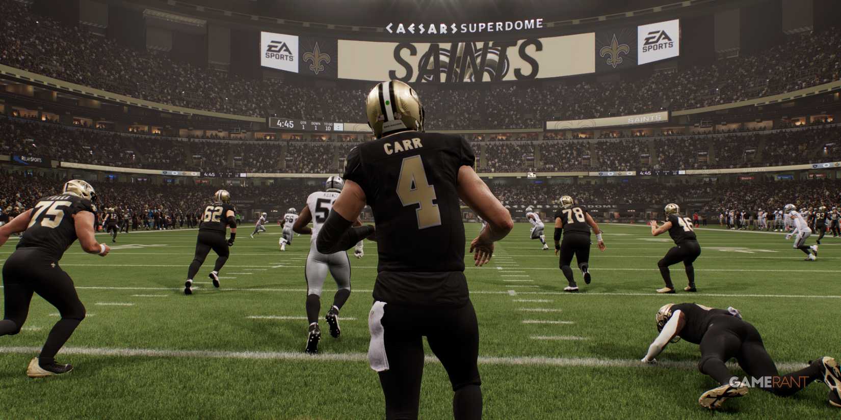 Saints QB Carr looking for an open receiver as the offensive line holds in Madden NFL 25