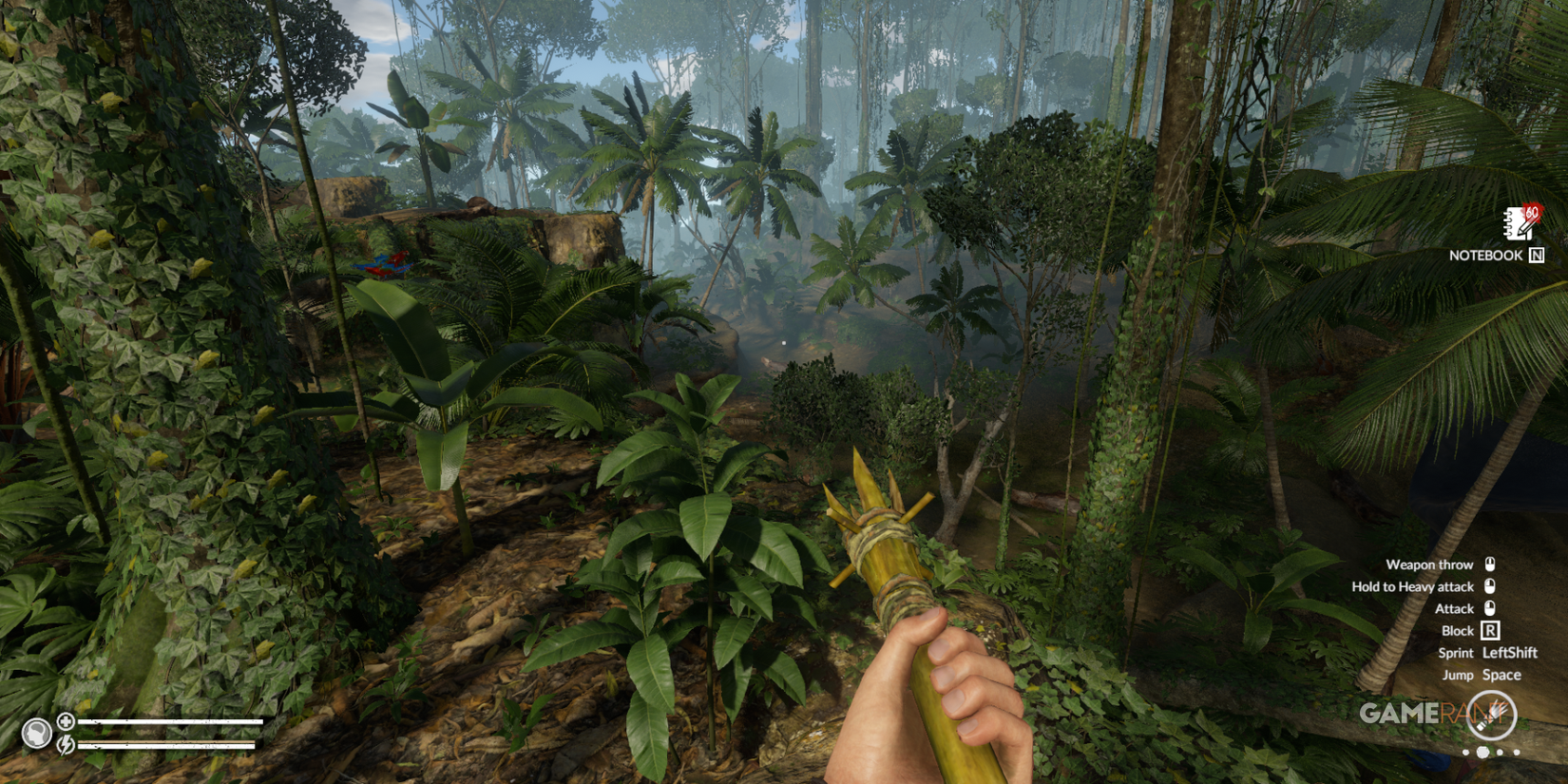 Scouting a dense jungle path surrounded by tall trees while holding a crafted spear in Green Hell