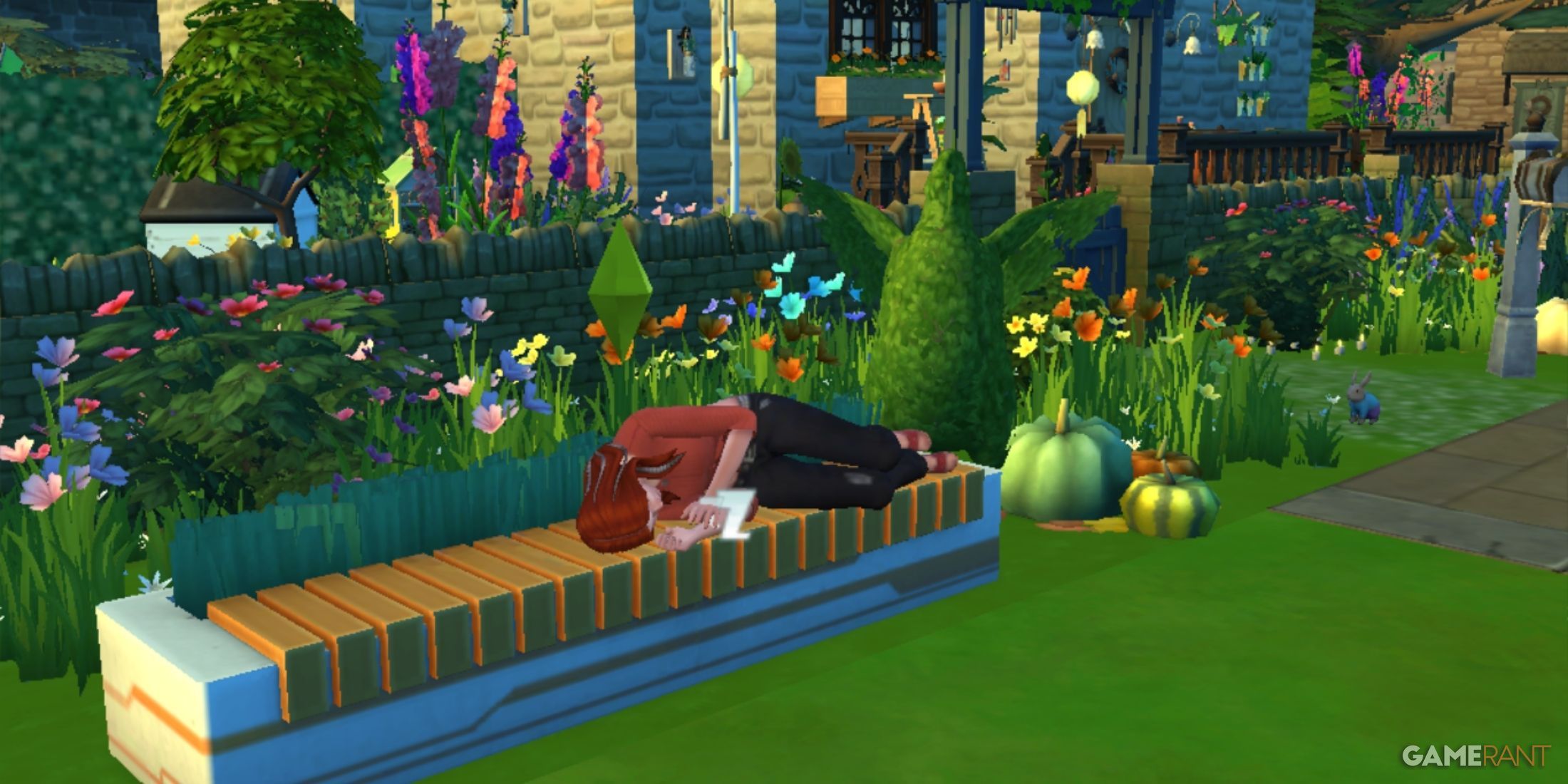 A sim in a red shirt sleeping on a cultivation seat from the sims 4 eco lifestyle expansion