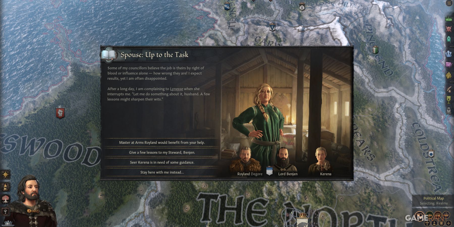 Spouse event decision screen with a female character offering advice in Crusader Kings 3