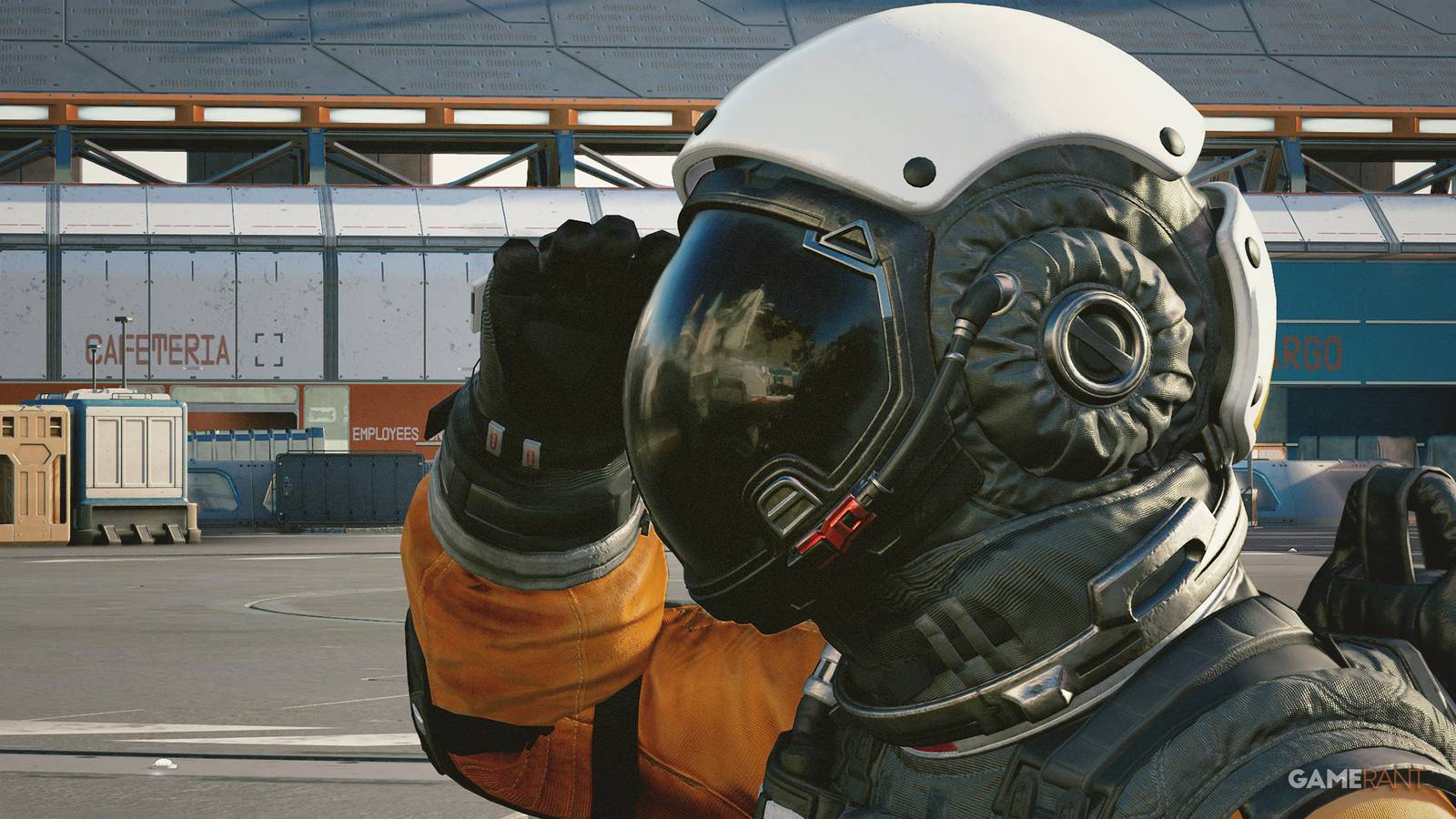 Starfield ship technician in New Atlantis spaceport protecting from glare with hand