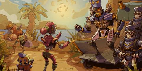 Steamworld Heist 2 - Key Art of Person Begging for Water