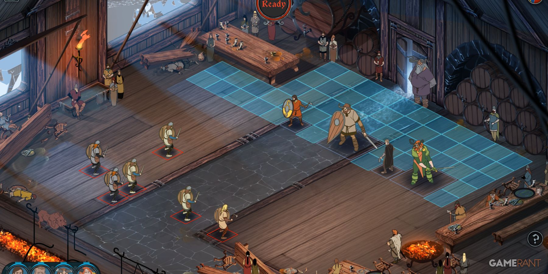 Tactical combat scene with Viking warriors on a grid inside a wooden hall in The Banner Saga