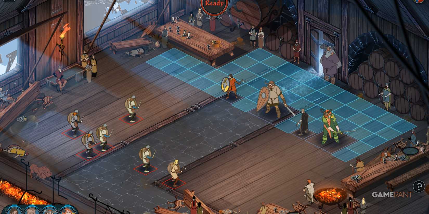 Tactical combat scene with Viking warriors on a grid inside a wooden hall in The Banner Saga