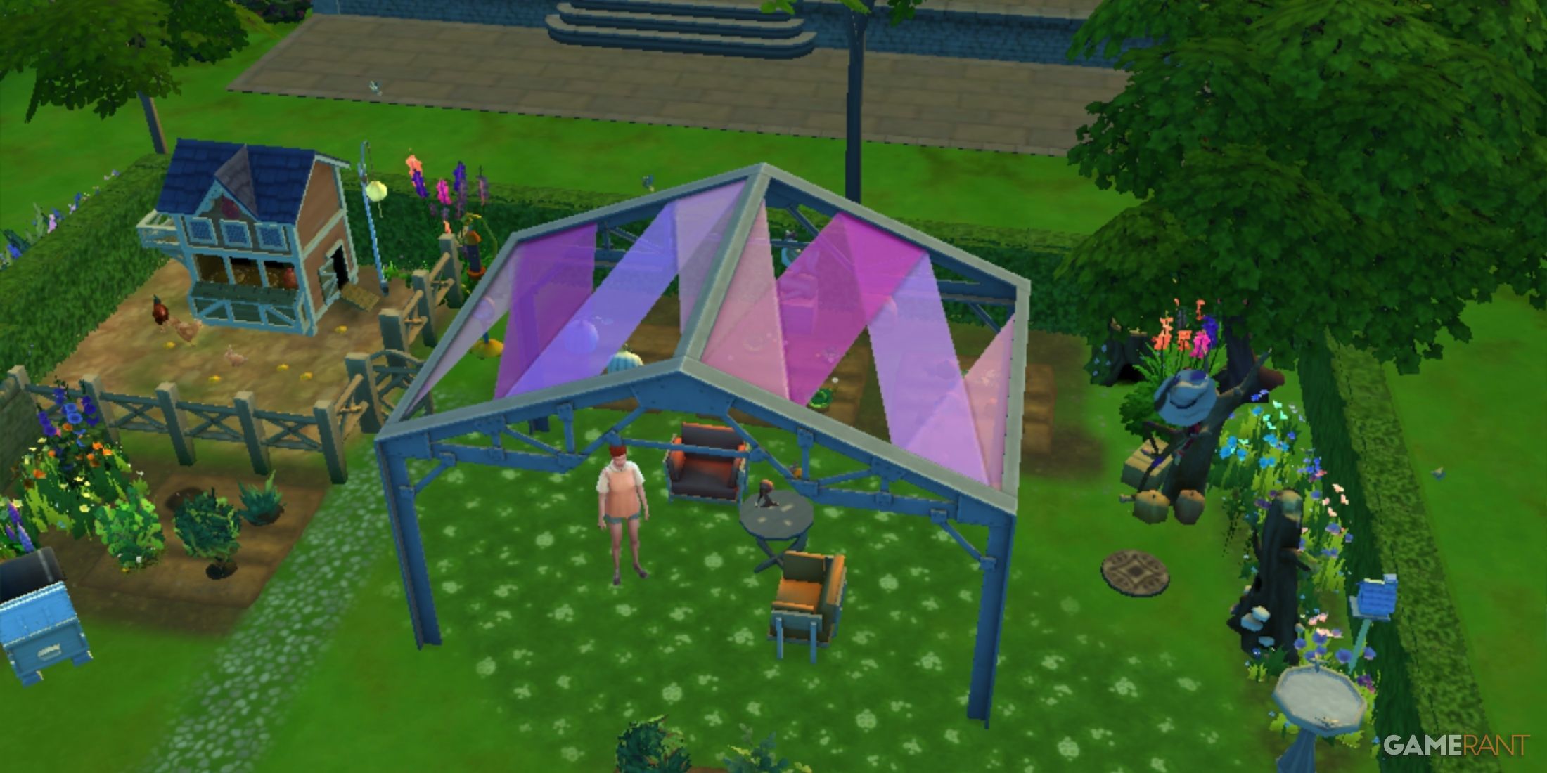 The sim is standing under the living pergola story from the sims 4 eco lifestyle expansion pack