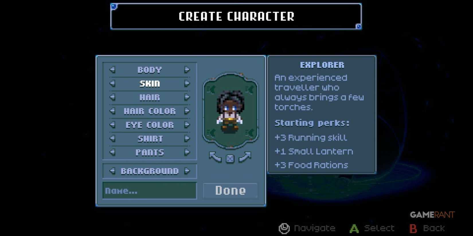 A photo of a character in Core Keeper with the Explorer background