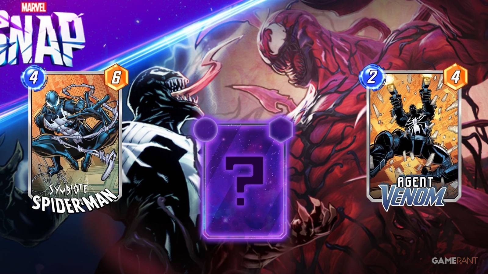 Marvel Snap's old Symbiote Invasion season juxtaposed with the upcoming season pass characters of its next two seasons. Characters depicted include Venom, Carnage, Symbiote Spider-Man, Agent Venom, and the Mystery Variant