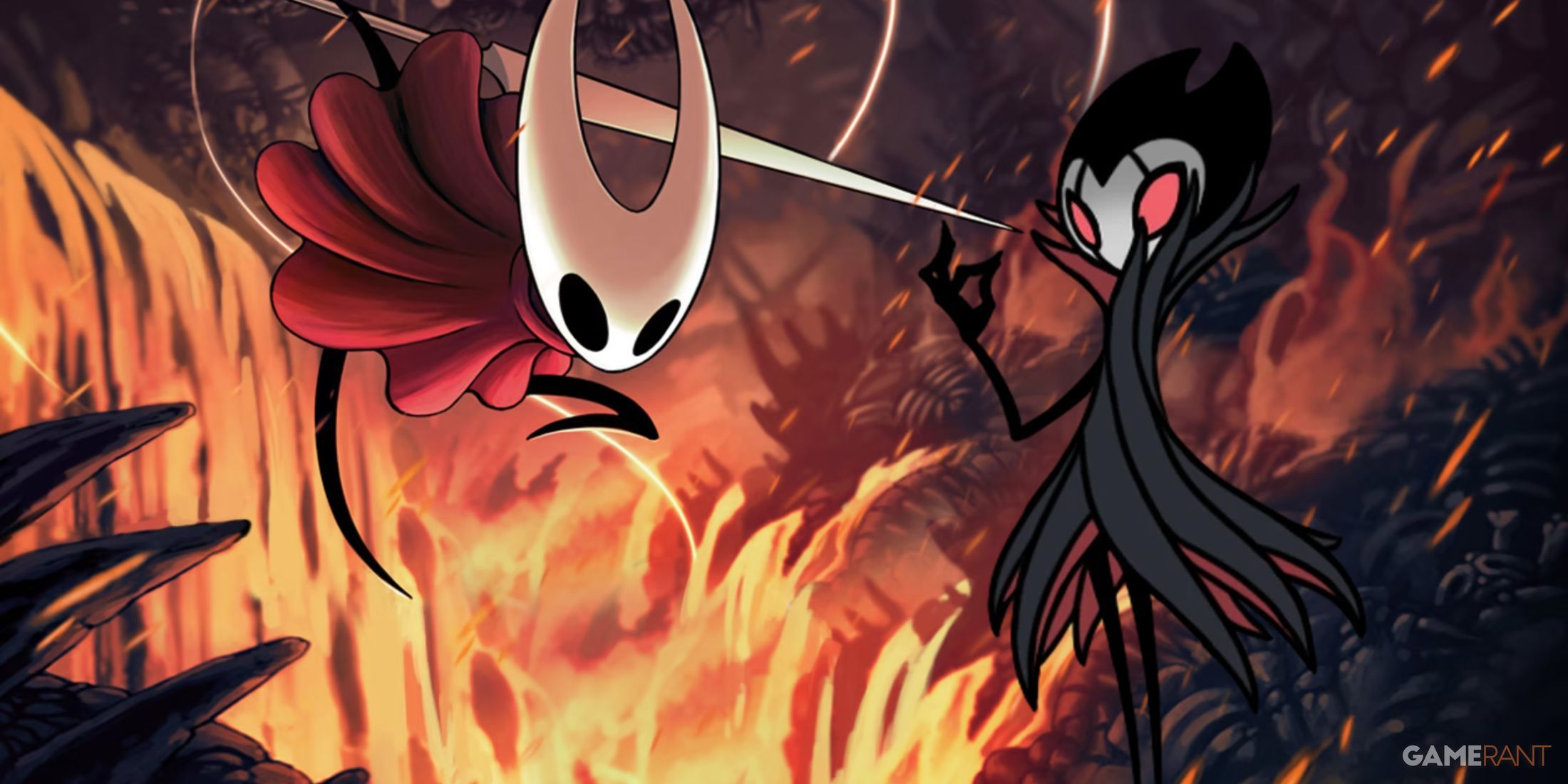 Hornet from Hollow Knight: Silksong depicted next to Grimm from the DLC of the first game