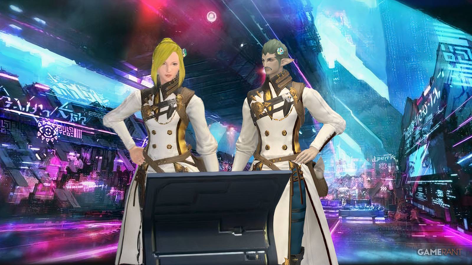 Theone and Zircon standing in front of the Solution Nine Loading Screen