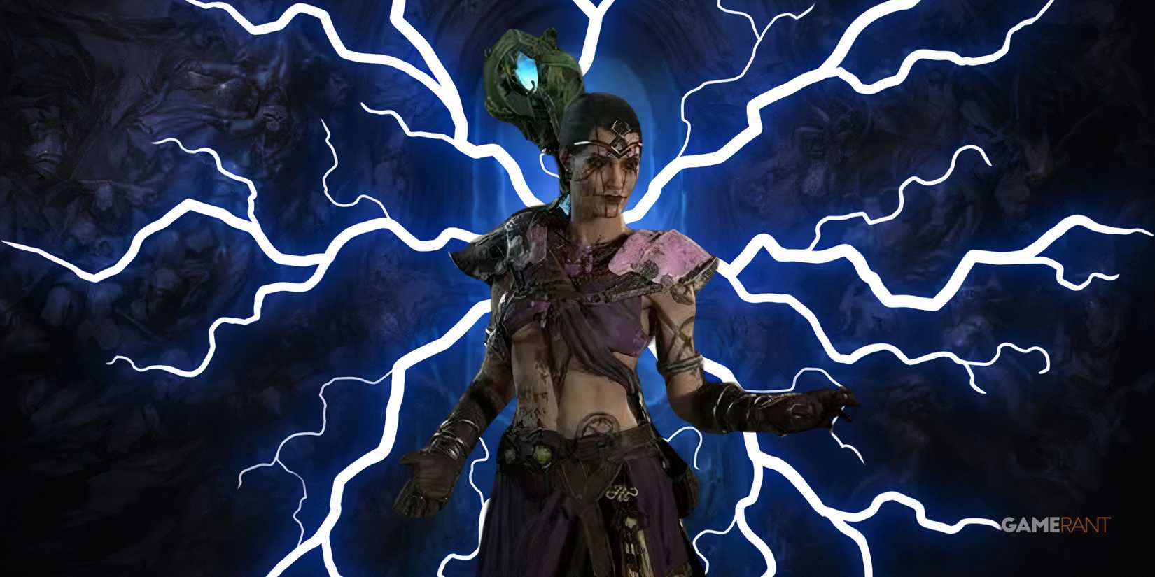 a sorcerer on a lightning background with their arms outstretched