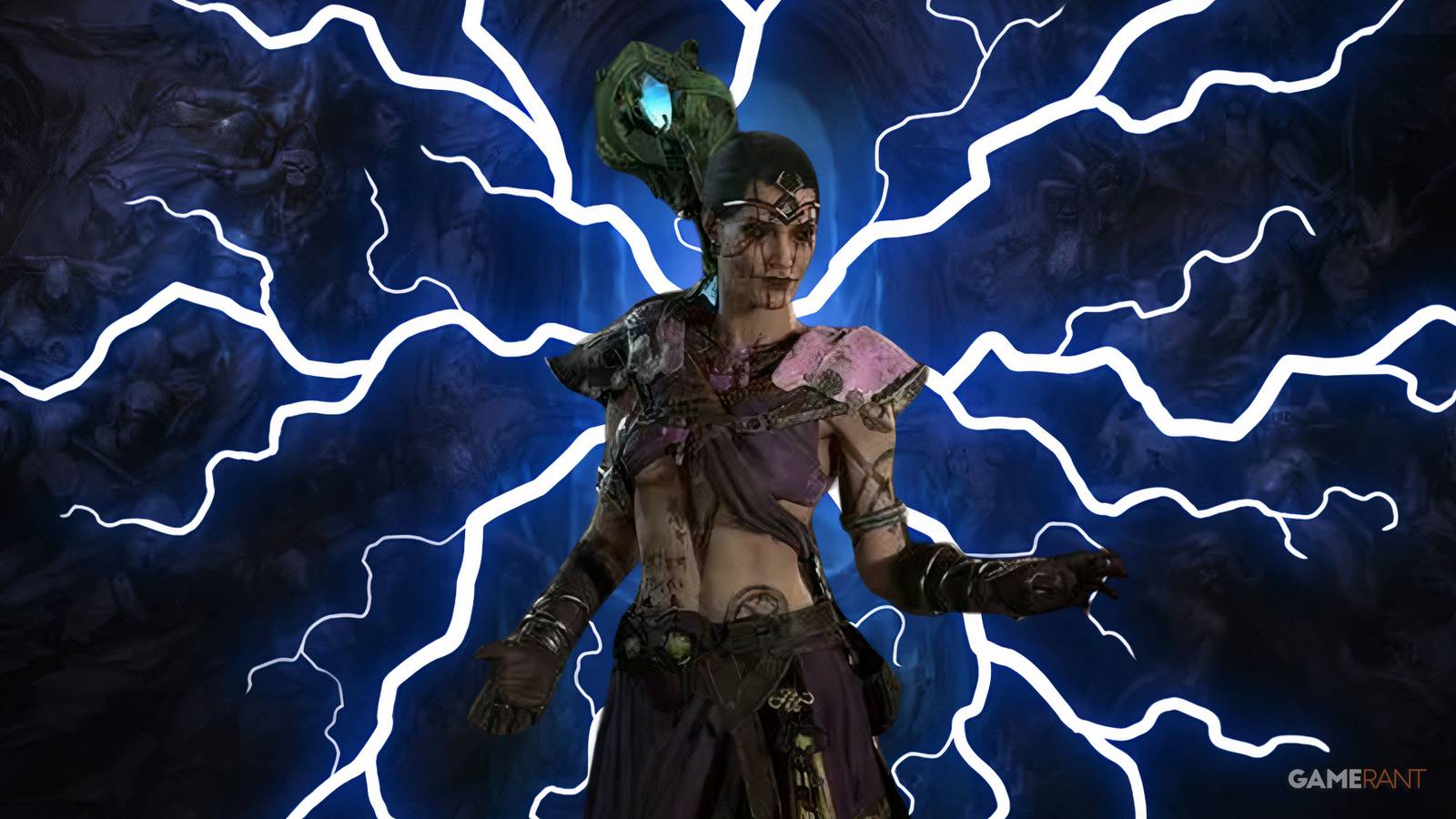 a sorcerer on a lightning background with their arms outstretched