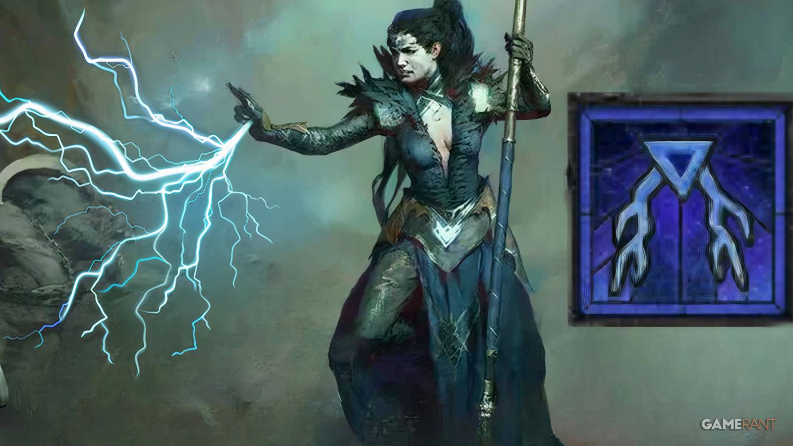 a sorcerer shooting lightning from her palm at a goatman