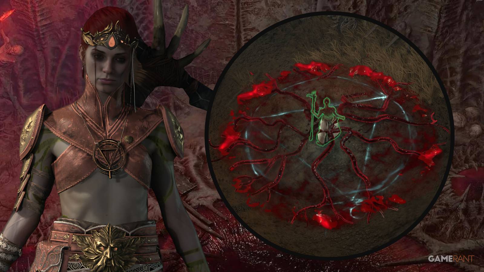 a necromancer in front of the infernal hordes door casting Blood Surge