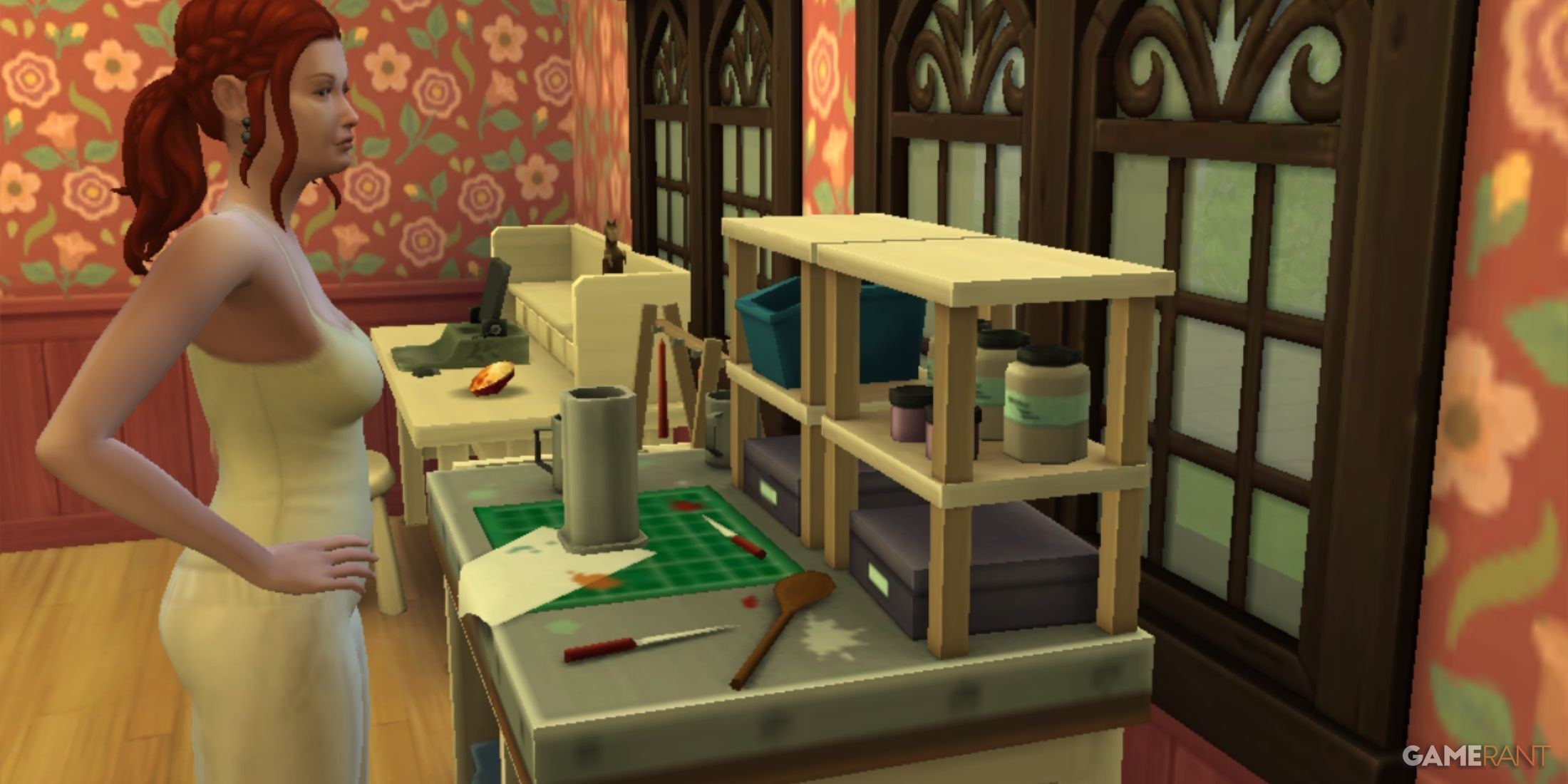 A sim with red hair uses the von wick candle making station to make a candle in Sims 4