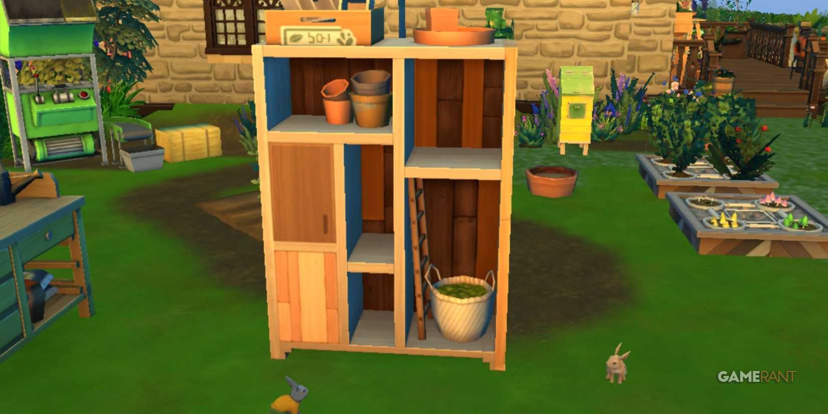 The whatever you want cabinet from sims 4 eco lifestyle stands in a garden