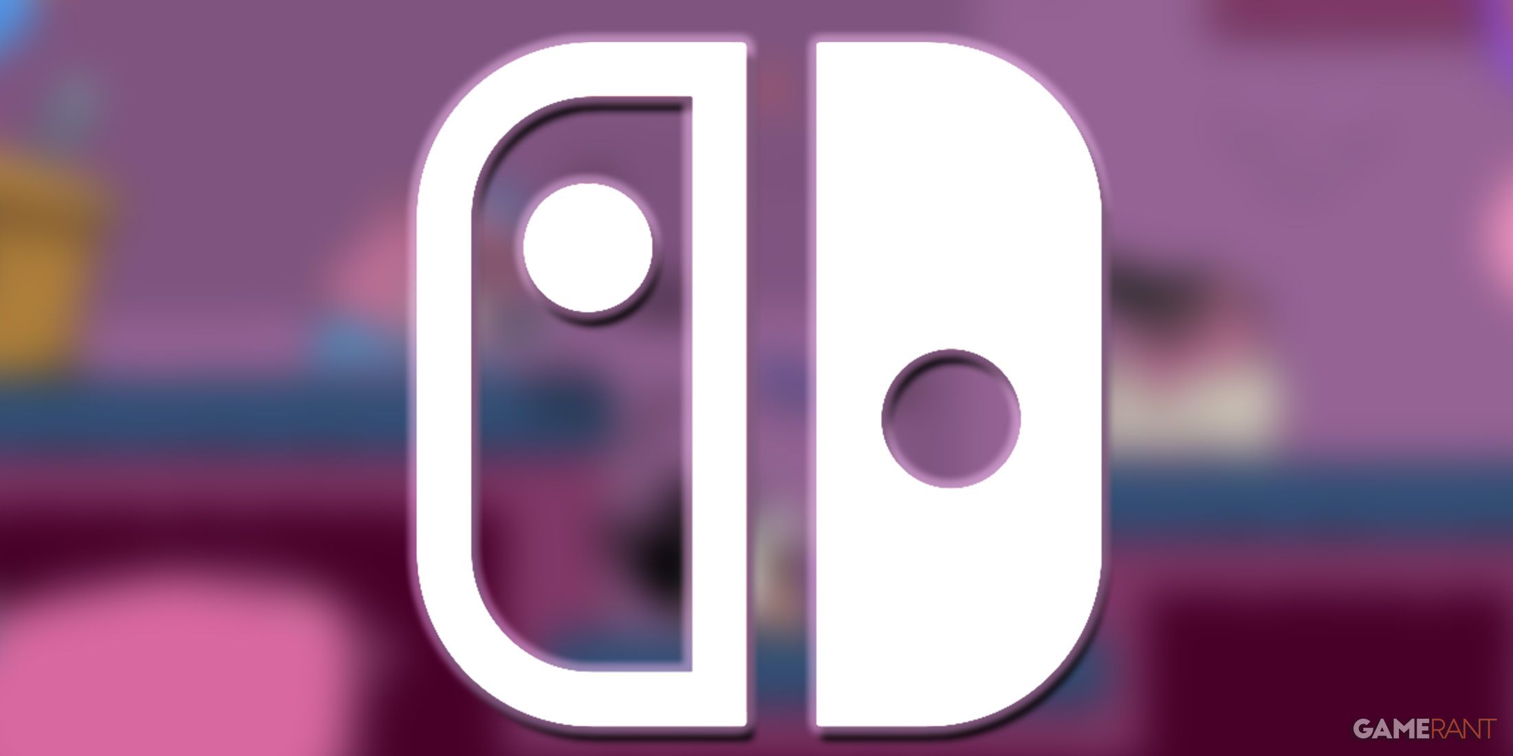 white glowing Nintendo Switch logo on blurred Pizza Tower purple level promo screenshot