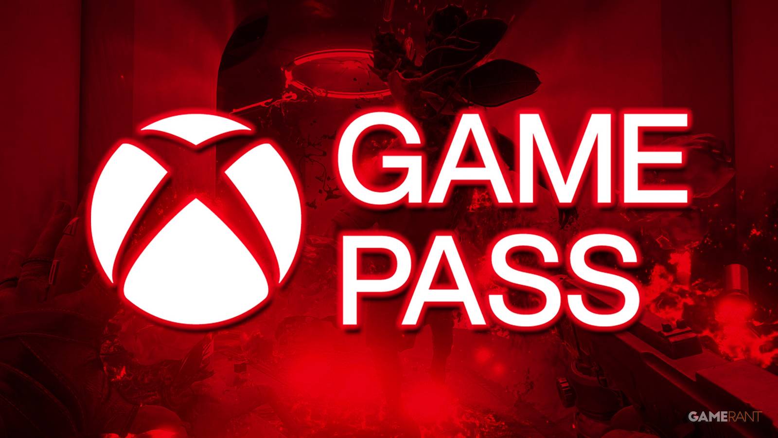 white glowing red Xbox Game Pass logo over red-tinted Atomic Heart promo screenshot