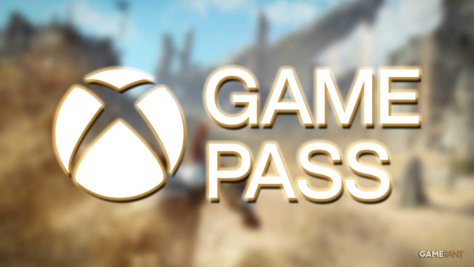 white glowing Xbox Game Pass logo over blurred Atlas Fallen Reign of Sand promo screenshot