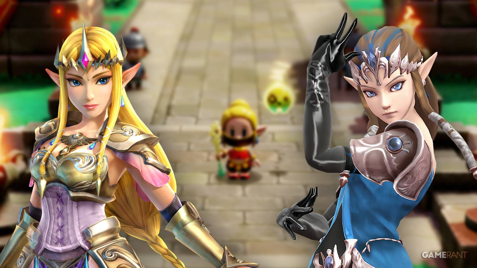 Zelda in two different outfits in front of Zelda from Echoes of Wisdom