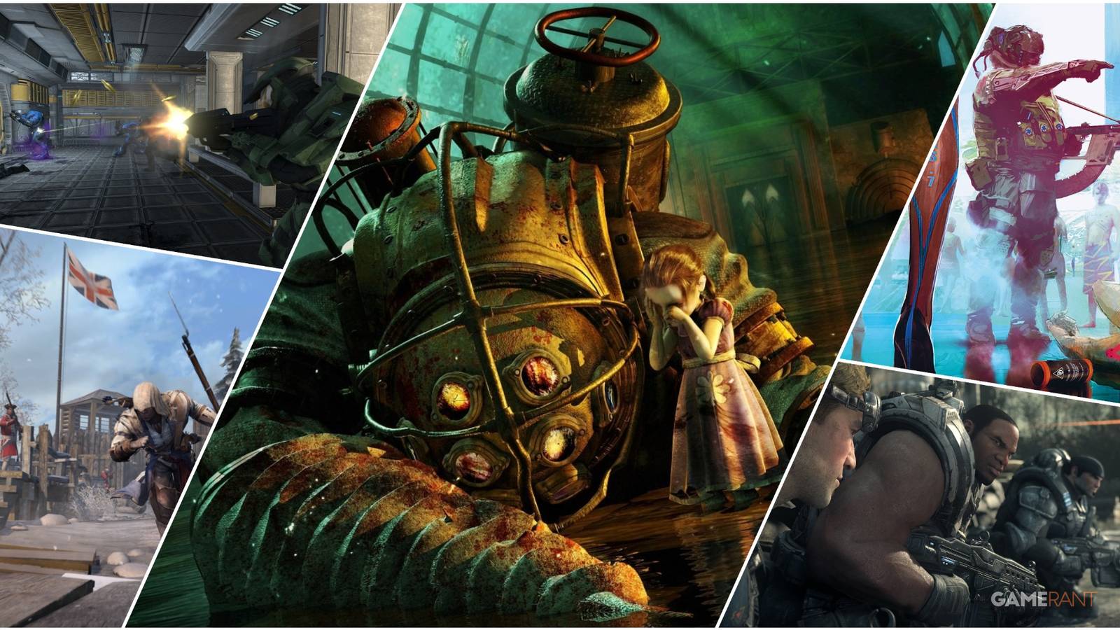 A Collage Of Art From Halo, Assassin's Creed III, Bioshock, Cyberpunk 2077 & Gears Of War