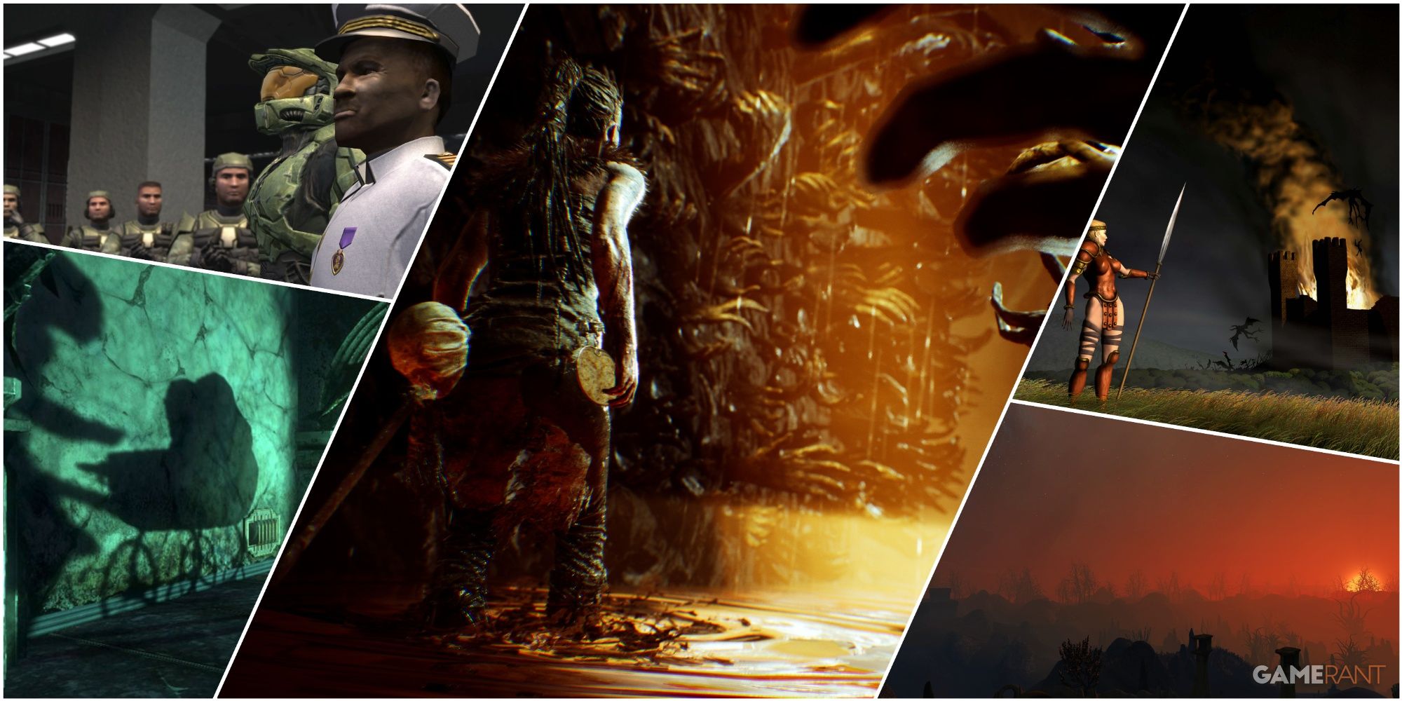 A Collage Of Key Art From Halo 2, Diablo II, Bioshock, Morrowind, And Hellblade