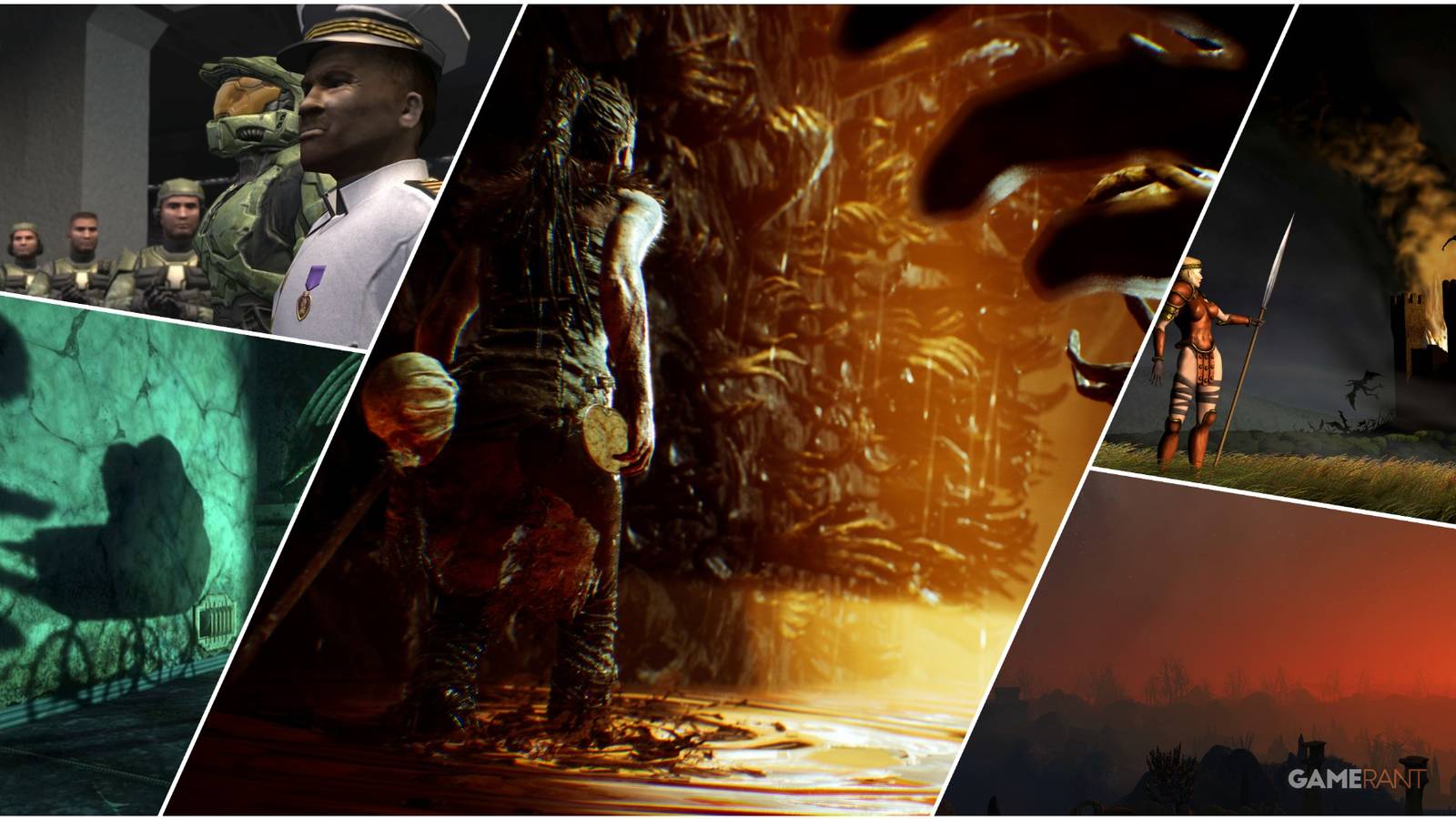 A Collage Of Key Art From Halo 2, Diablo II, Bioshock, Morrowind, And Hellblade