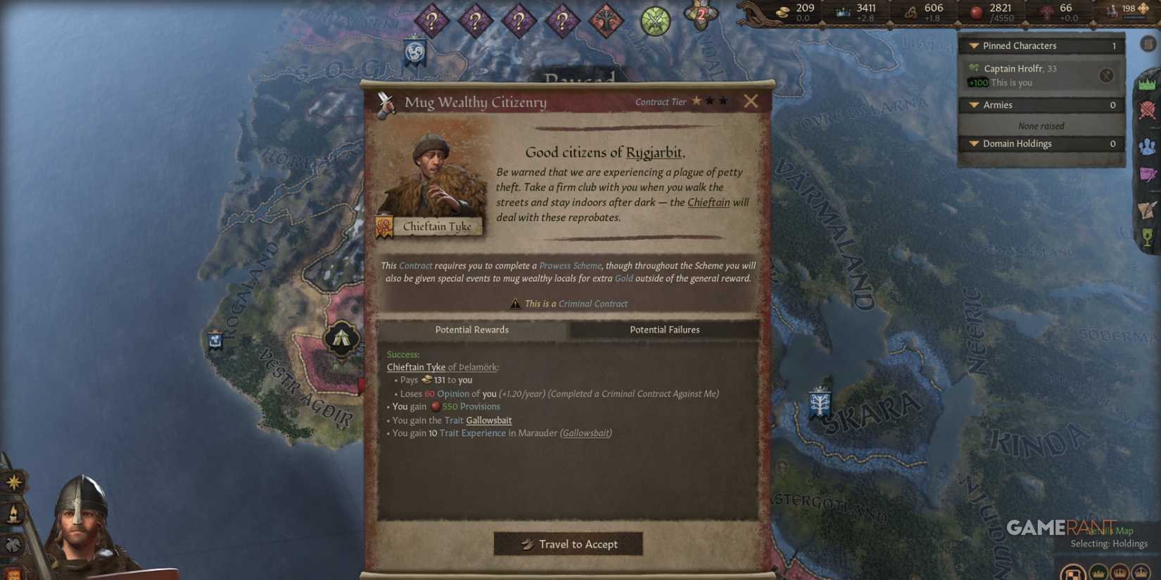 Accepting criminal contracts as Landless Adventurers in Crusader Kings 3, including rewards and risks