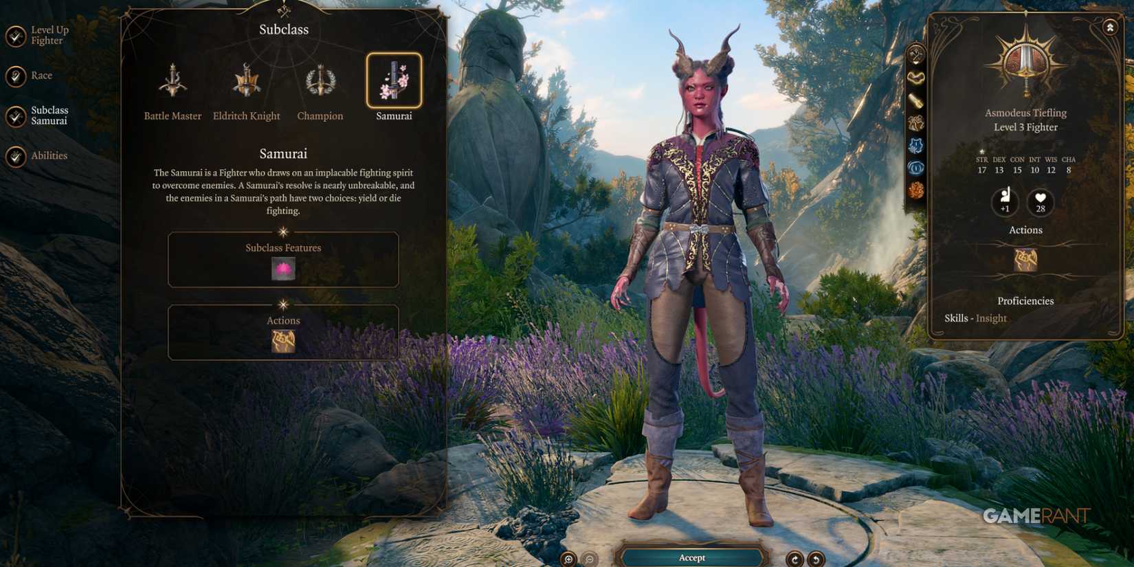 Asmodeus Tiefling Fighter using Samurai subclass mod in Baldur's Gate 3