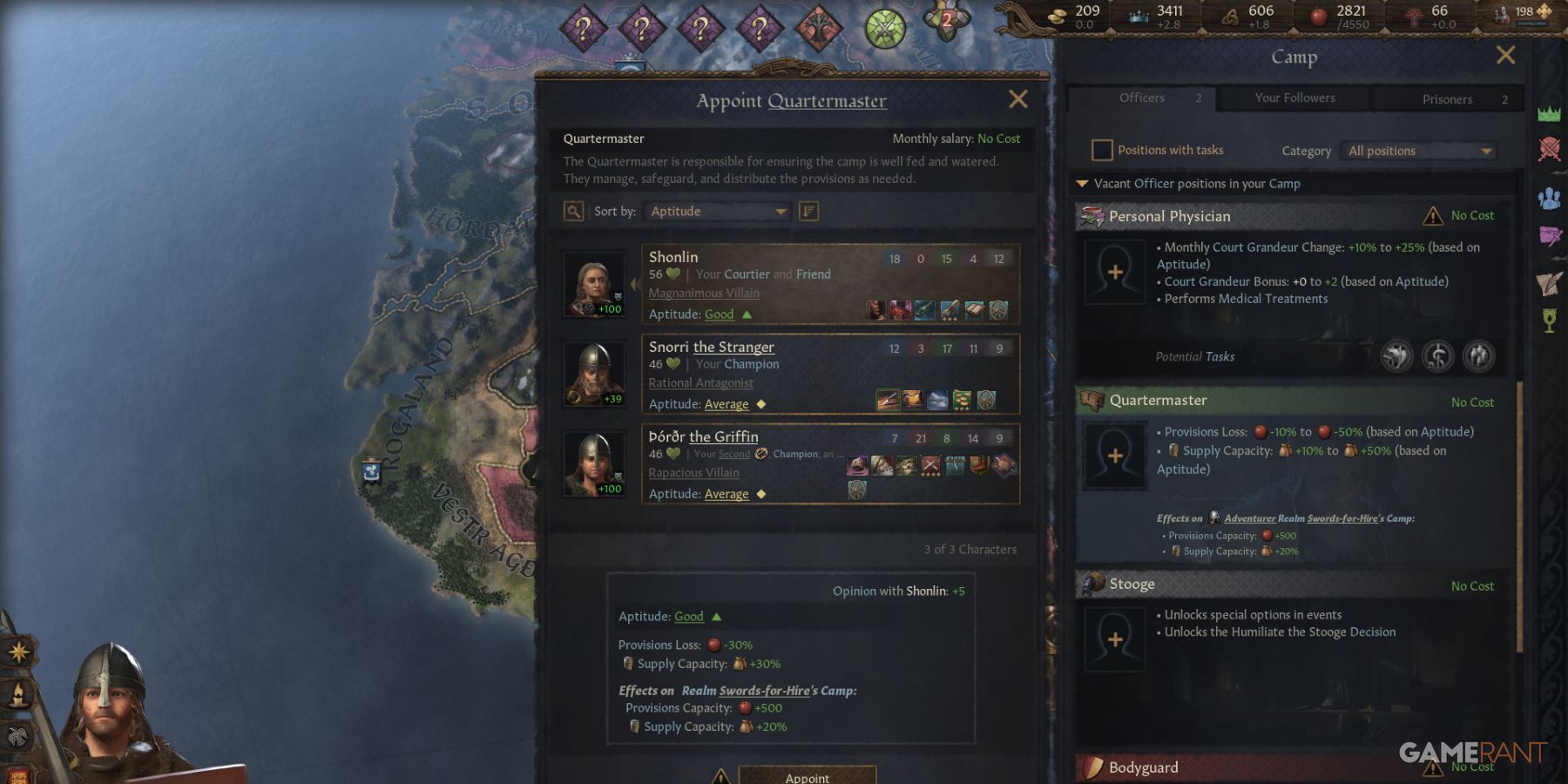 Assigning officers and managing camp roles for Landless Adventurers in Crusader Kings 3, including quartermaster