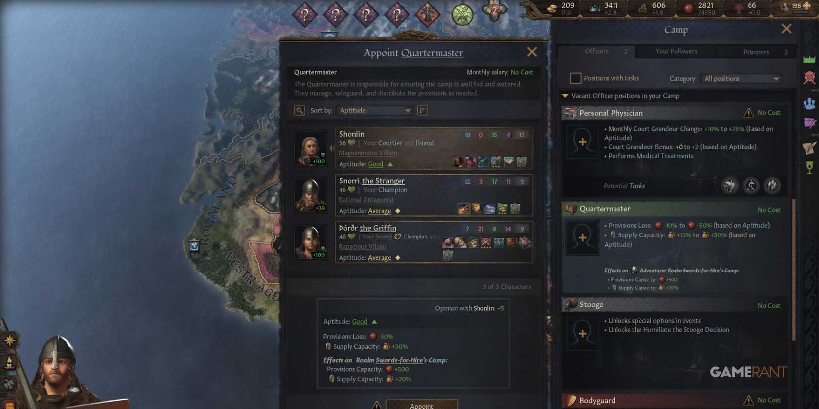 Assigning officers and managing camp roles for Landless Adventurers in Crusader Kings 3, including quartermaster