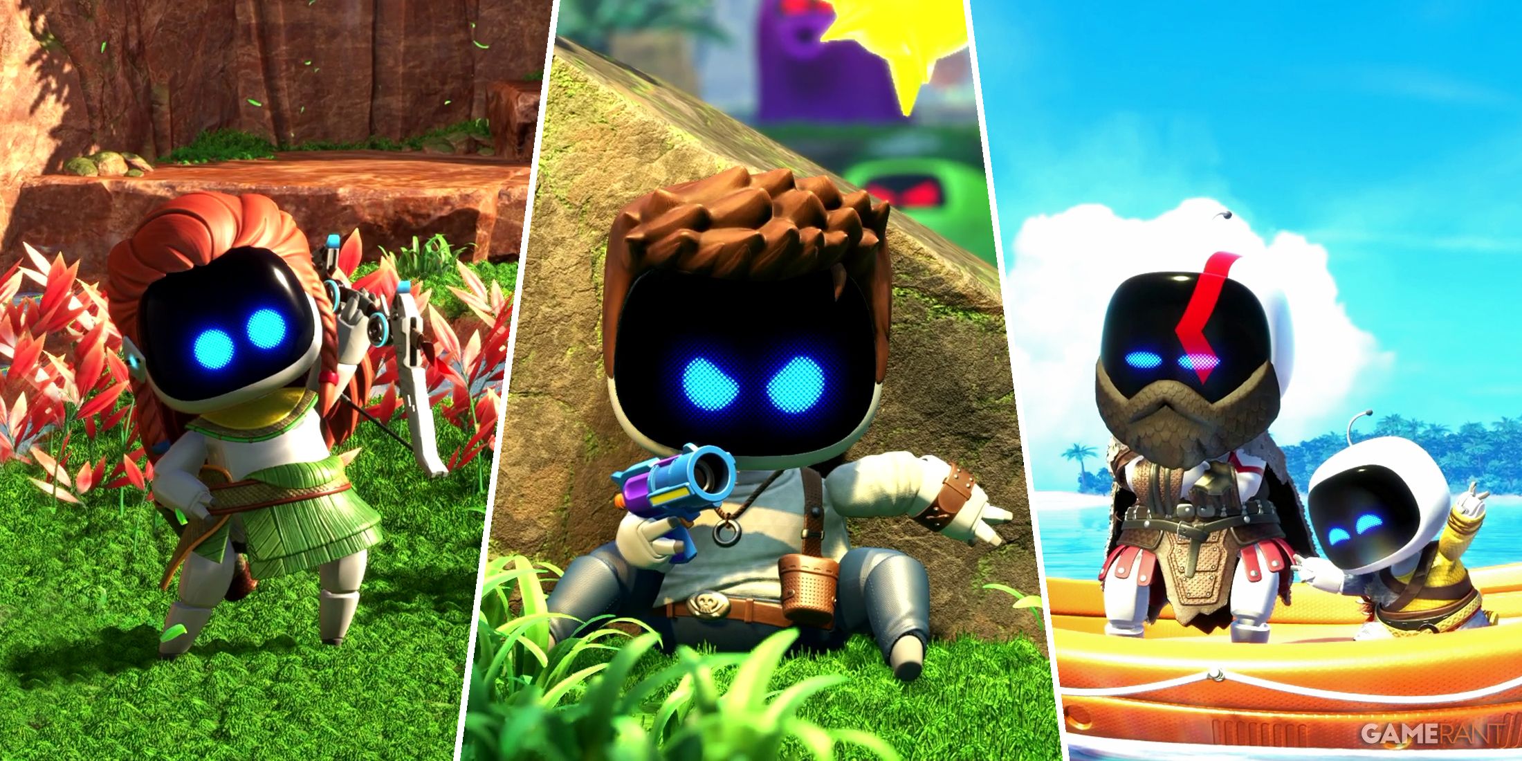 Aloy, Nathan Drake, Kratos, and Atreus in Astro Bot