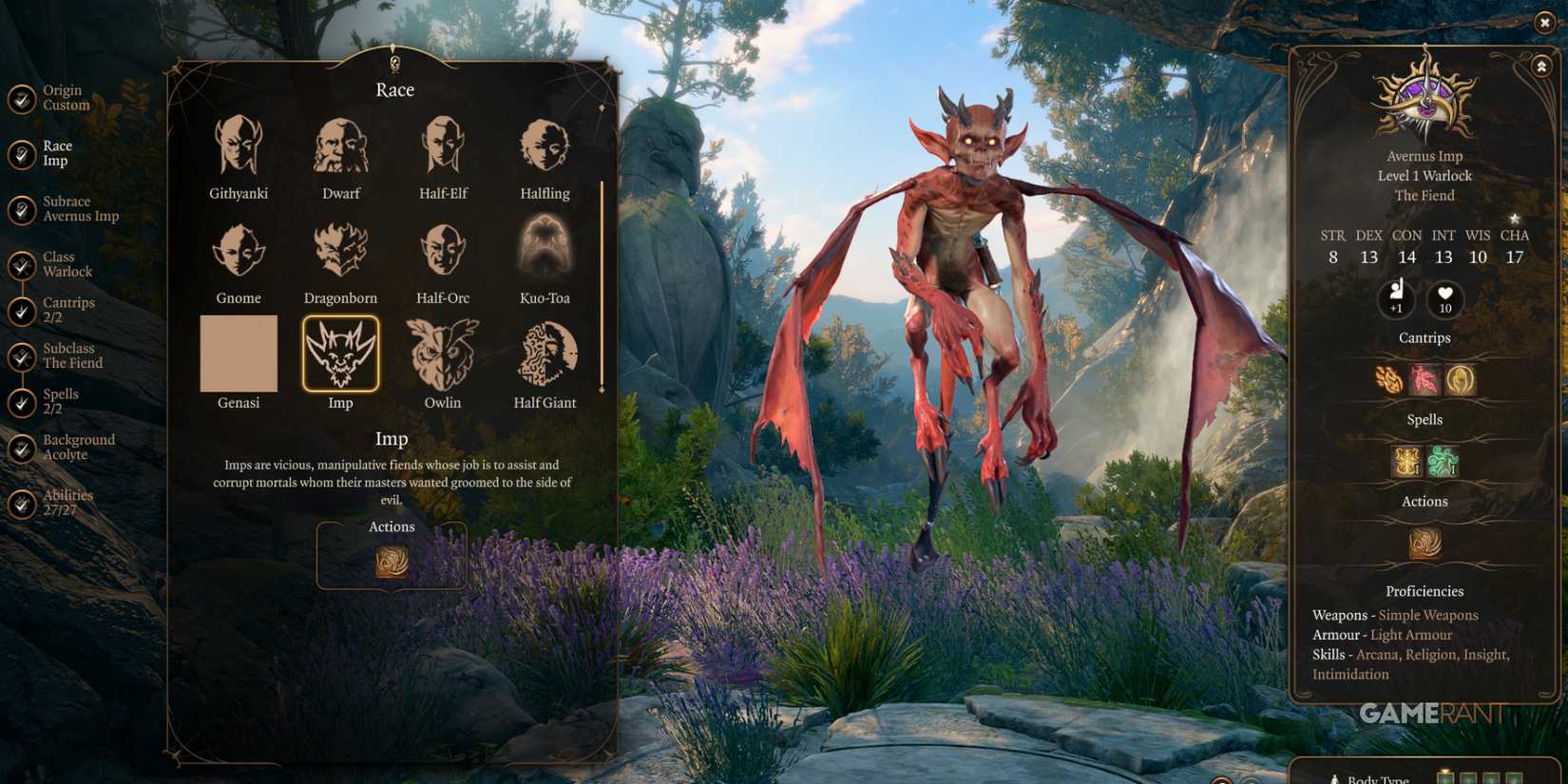 Avernus Imp Warlock, a demonic playable race added by mods in Baldur's Gate 3