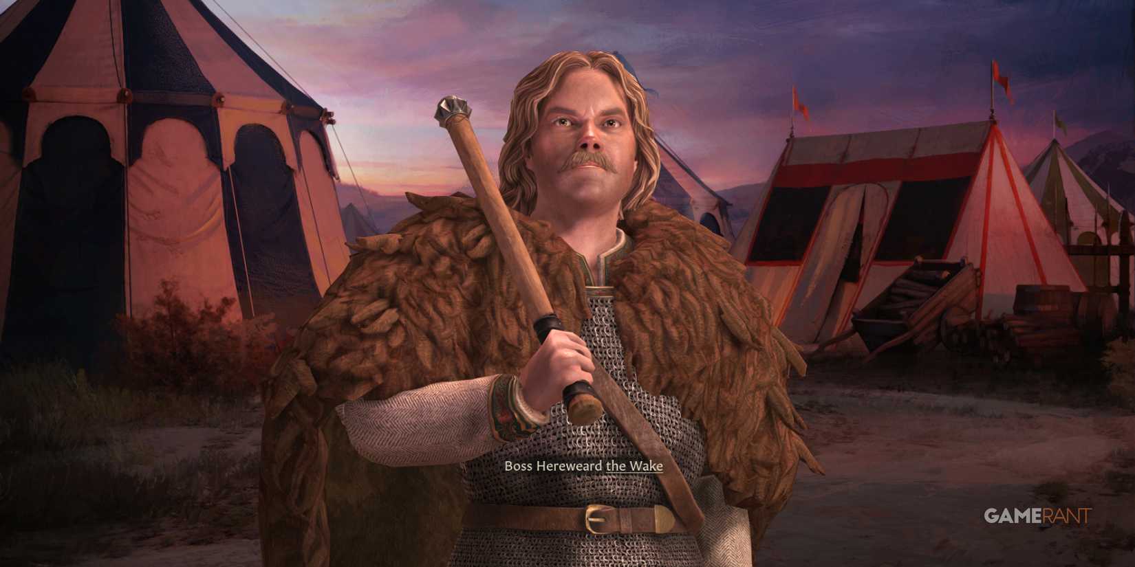 Boss Hereweard in front of tents, embodying resilience and the spirit of landless adventurers in Crusader Kings 3