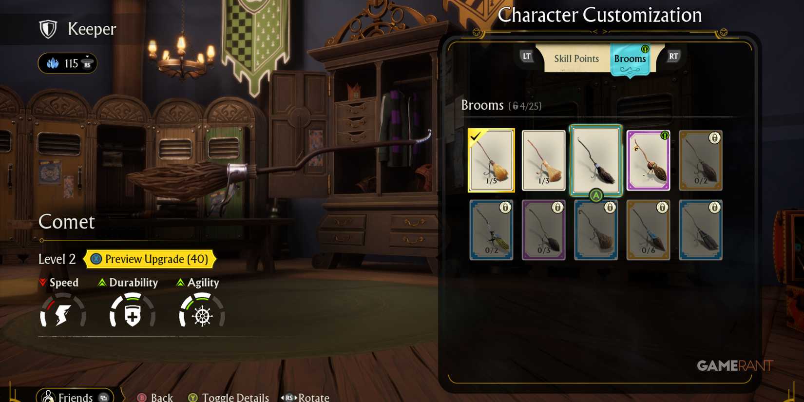 Broom customization interface in Quidditch Champions, with an upgrade available for the Keeper position