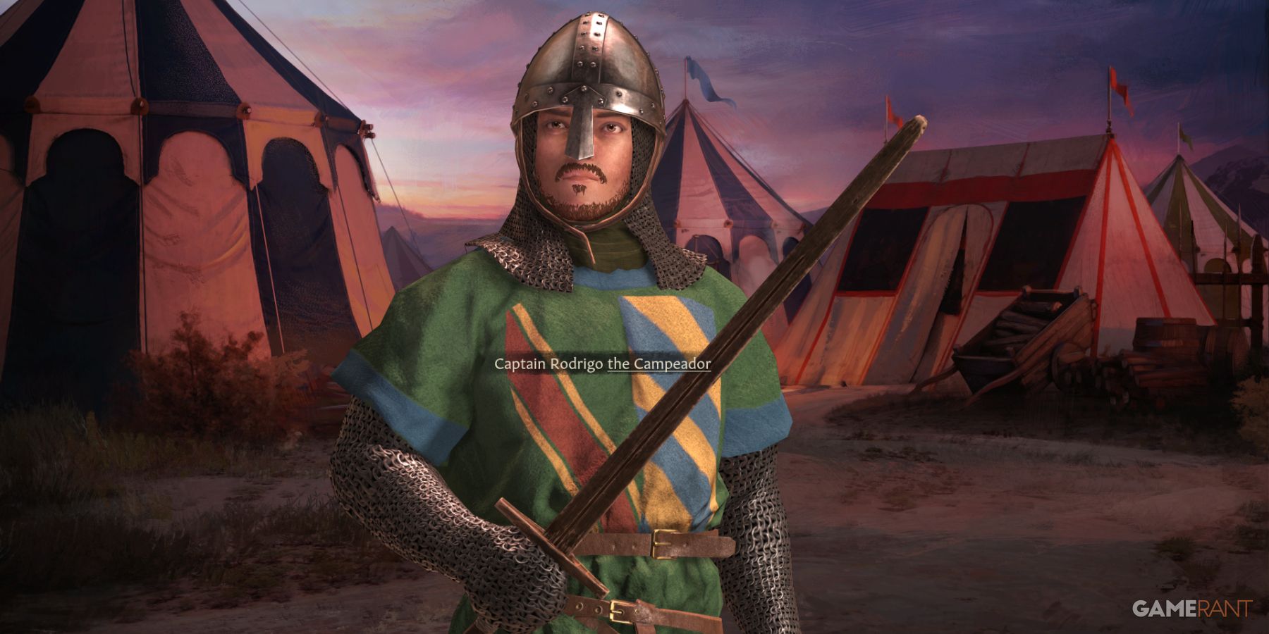 Captain Rodrigo stands tall in armor, preparing for battle as one of the landless adventurers in Crusader Kings 3