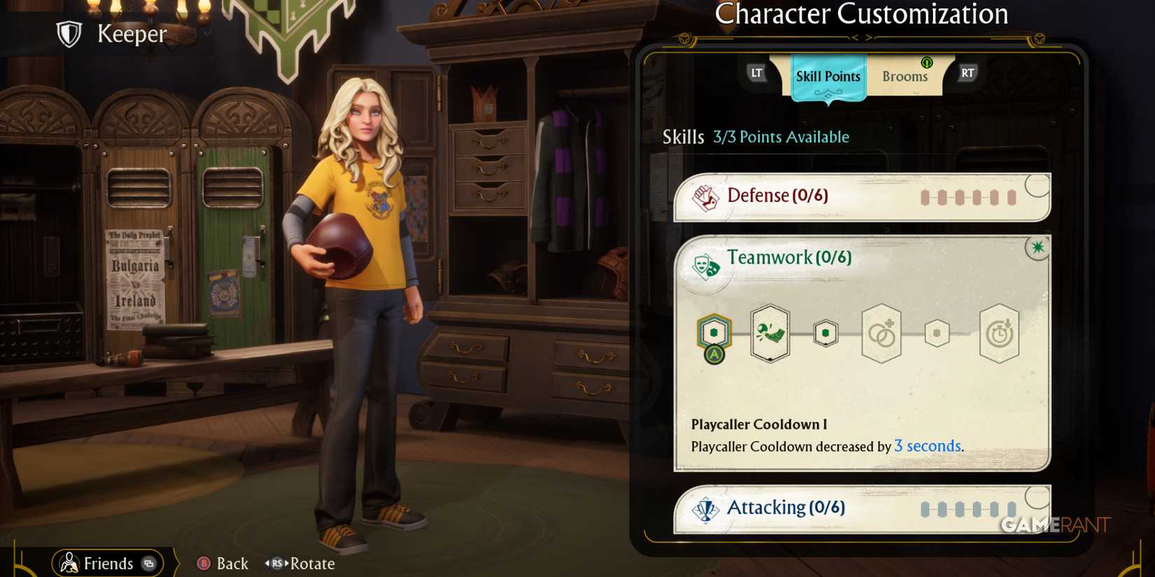 Character customization screen in Quidditch Champions, showing Keeper skills ready for an upgrade