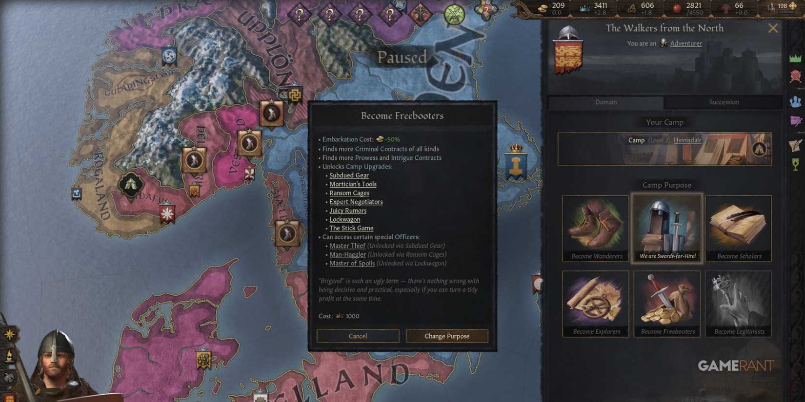 Choosing a camp purpose as Landless Adventurers in Crusader Kings 3, affecting contracts and upgrades