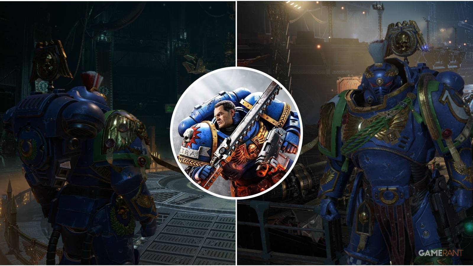 Showcasing the character with blue armor in Space Marine 2