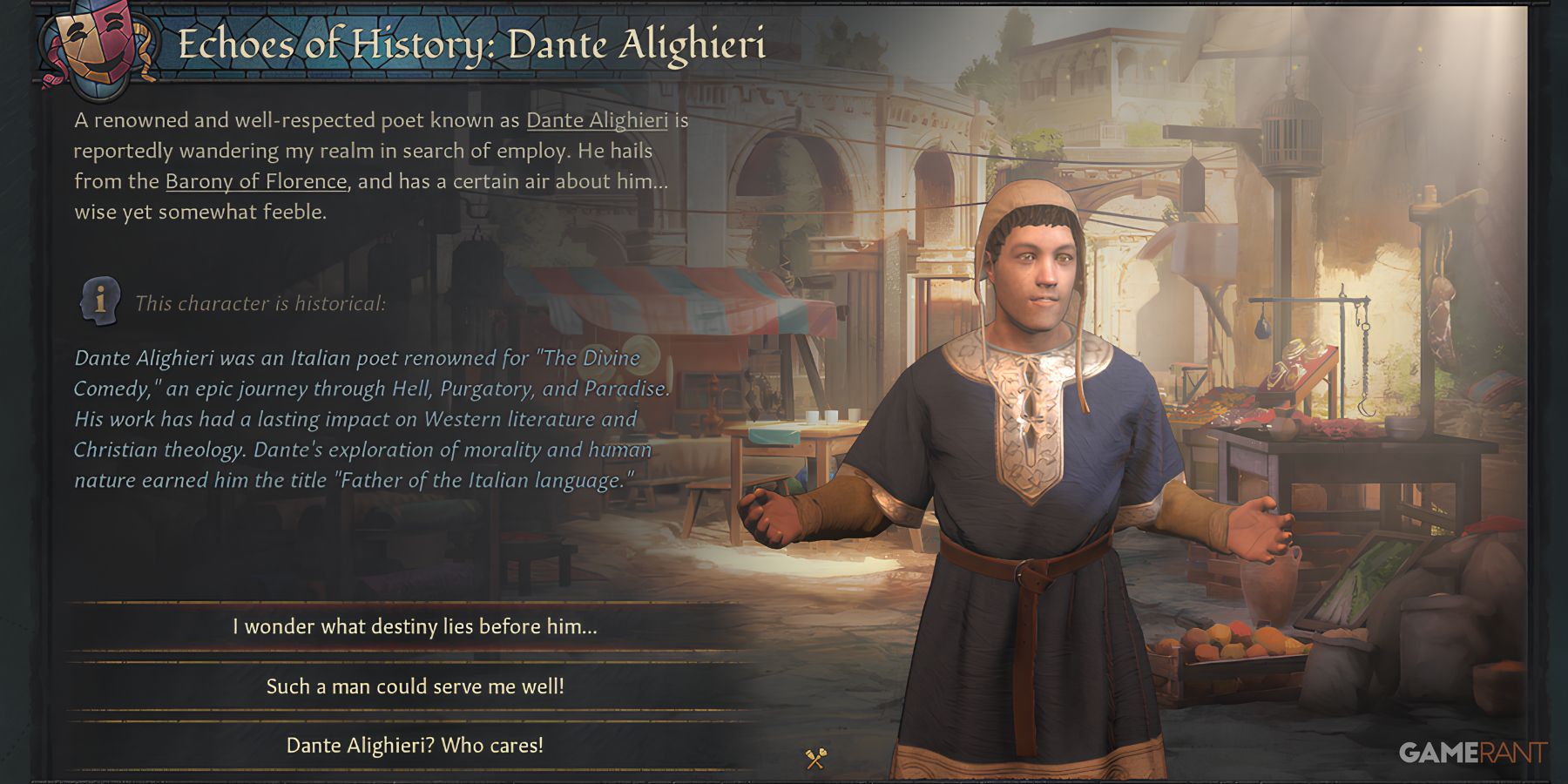 Dante Alighieri, Italian poet, in Echoes of History in Crusader Kings 3